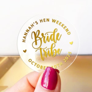 Gold Foil hen bride tribe party favors clear circle stickers labels, Bachelorette party stickers, Hen do stickers, Team bride sticker