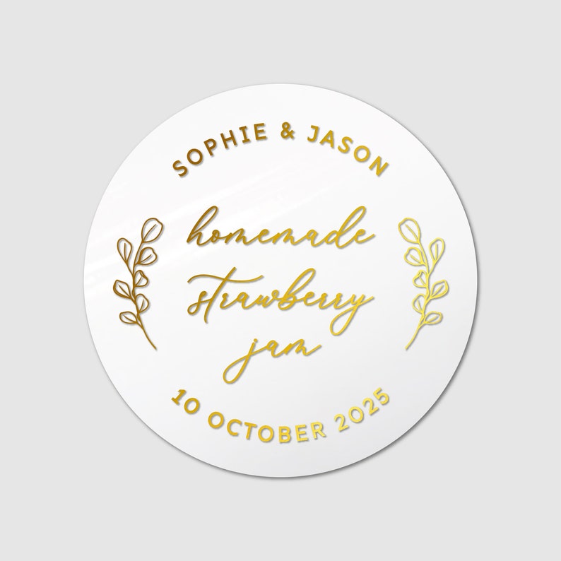 Custom wedding gold foil favor stickers labels for jars, Personalized wedding jam favor sticker, Jam packed with love labels White - Gold Text