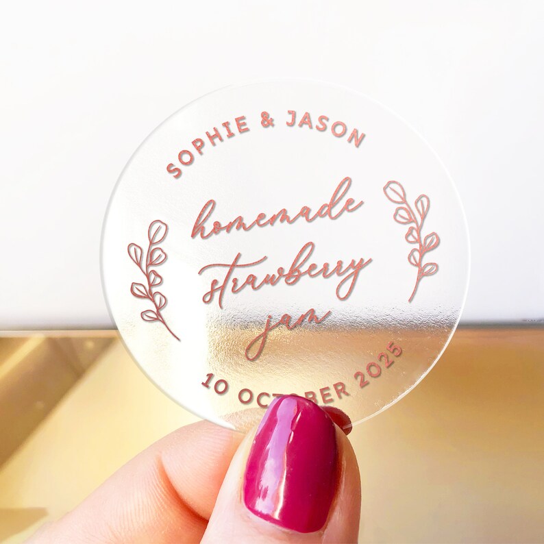 Custom wedding gold foil favor stickers labels for jars, Personalized wedding jam favor sticker, Jam packed with love labels Clear - Rose Gold Text