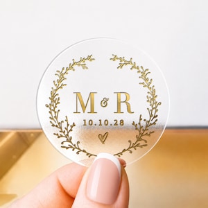 Personliga klistermärken för bröllop i guldfolie, genomskinliga monogrammerade presentsigill, anpassade kuvertetiketter, klistermärken för festpåsar, klistermärken för bruddusch