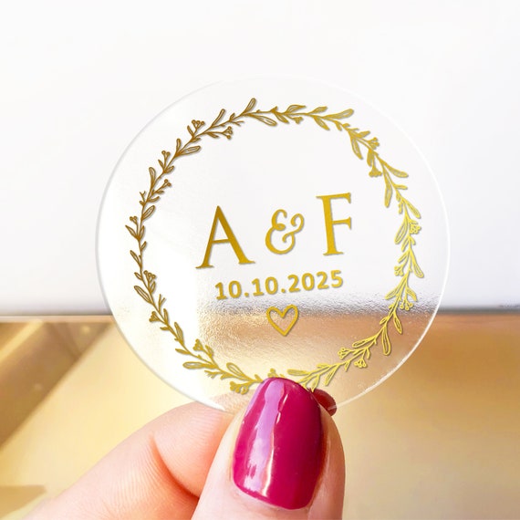 Wedding Monogram Envelopes Seals Clear Favor Stickers Labels, Gold