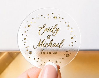 Adesivi personalizzati per buste da matrimonio, sigilli rotondi in lamina d'oro, adesivi trasparenti personalizzati per matrimoni ed etichette personalizzate per bomboniere con nome