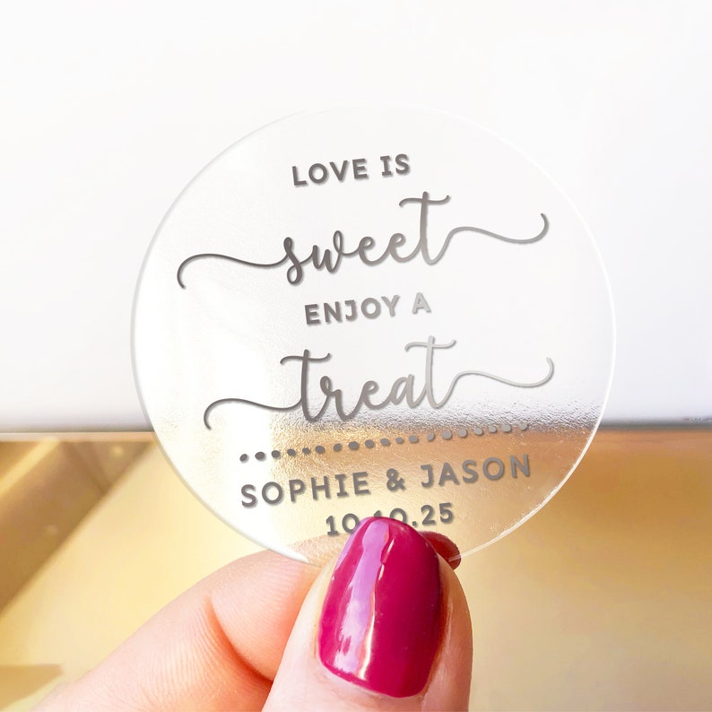 Love Is sweet wedding thank you favor clear labels stickers, Personalized 2 inch sticker, Round favor stickers, Custom name stickers Clear - Silver Text