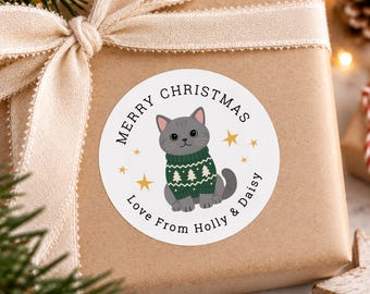 Personalised Christmas Stickers, Grey Cat Gift Labels, Christmas Cat Stickers, Christmas Gift Wrap Labels