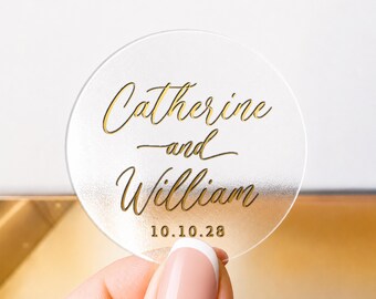 Elegant Wedding Stickers, Custom Gold Foil Round Envelope Seals, Personalised Clear Wedding Stickers, Custom Name Favour Labels