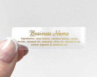 Custom lip gloss balm clear logo gold foil stickers labels, Small favour stickers, Clear stickers white text, Custom text stickers