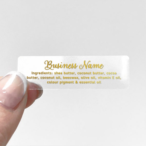 Custom lip gloss balm clear logo gold foil stickers labels, Small favour stickers, Clear stickers white text, Custom text stickers