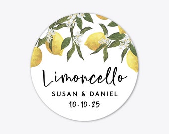 Customized limoncello wedding thank you favors stickers labels, Circle favor stickers, Lomoncello bottle favor tags, Wedding gift stickers