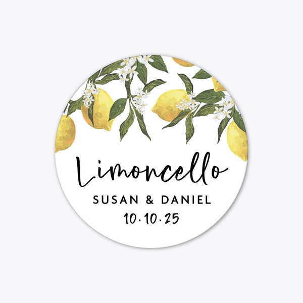 Customized limoncello wedding thank you favors stickers labels, Circle favor stickers, Lomoncello bottle favor tags, Wedding gift stickers