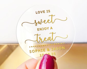 Love Is sweet wedding thank you favor clear labels stickers, Personalized 2 inch sticker, Round favor stickers, Custom name stickers