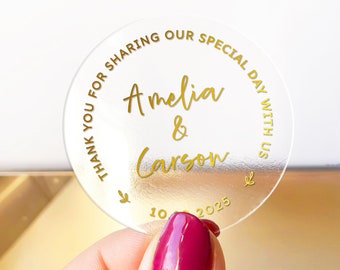 Custom wedding thank you clear circle name labels stickers, Thank you for celebrating with us stickers, Wedding favor stickers personalized