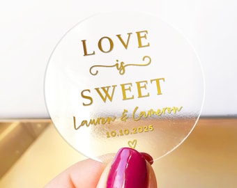 Love Is Sweet custom name wedding labels stickers sheet, Wedding favors stickers, Personalised transparent wedding sticker