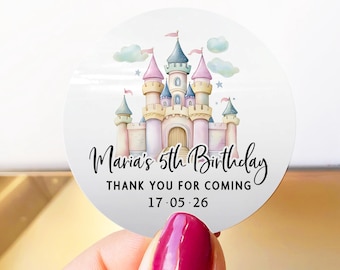 Prinzessin Schloss Geburtstagsparty Aufkleber, personalisierte Märchen-Party Aufkleber, kundenspezifische Prinzessin Schloss Favor Aufkleber, königliche Dankeschön-Siegel