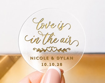 Love Is In The Air Wedding Favour Stickers, Round Personalised Stickers with Names and Date, Clear Gold Foil Engagement Party Labels