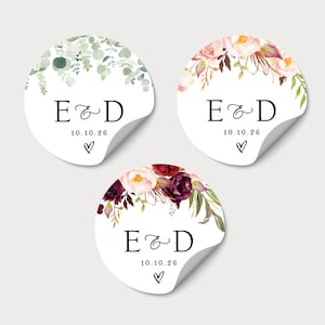 Personalized Monogram Stickers, Custom Clear Wedding Stickers, Elegant Circle Favor Labels, Round Envelope Seal Stickers, Floral Monogram