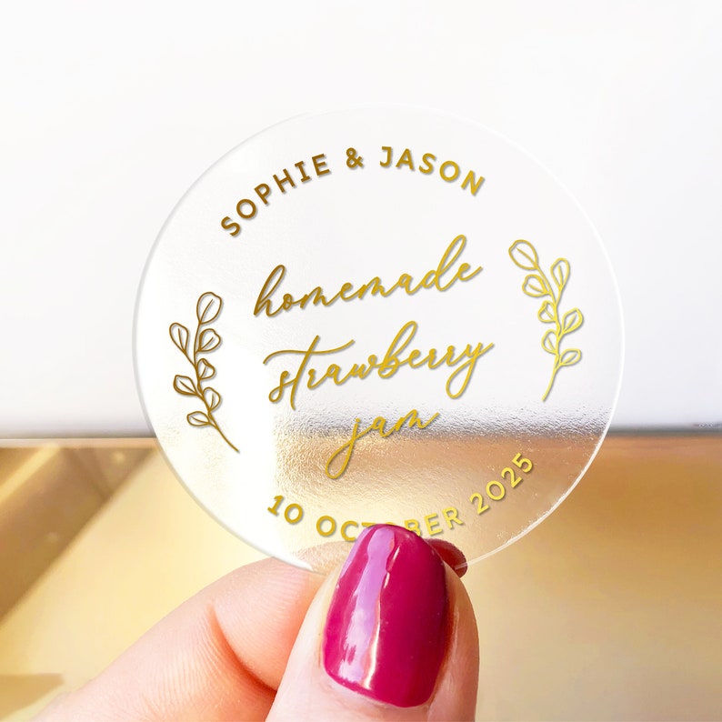 Custom wedding gold foil favor stickers labels for jars, Personalized wedding jam favor sticker, Jam packed with love labels Clear - Gold Text