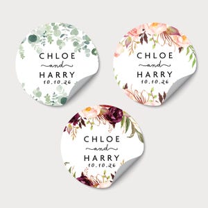 Personalized Custom Name Wedding Stickers, Round Labels For Weddings, Clear Stickers With Couple’s Names, Favor Stickers With Floral Design