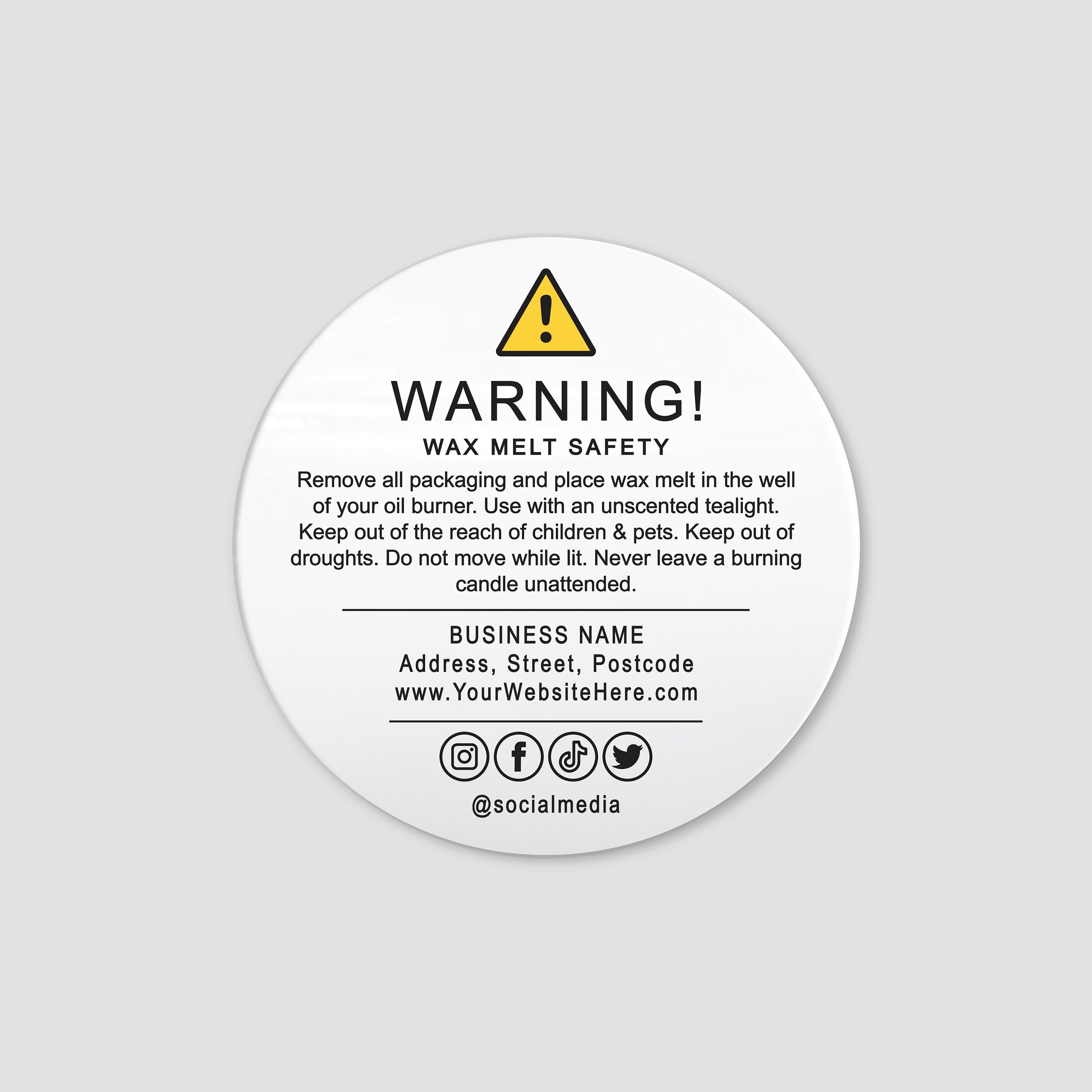 Available In 3 sizes WARNING Wax Melt Packing Stickers / Labels 