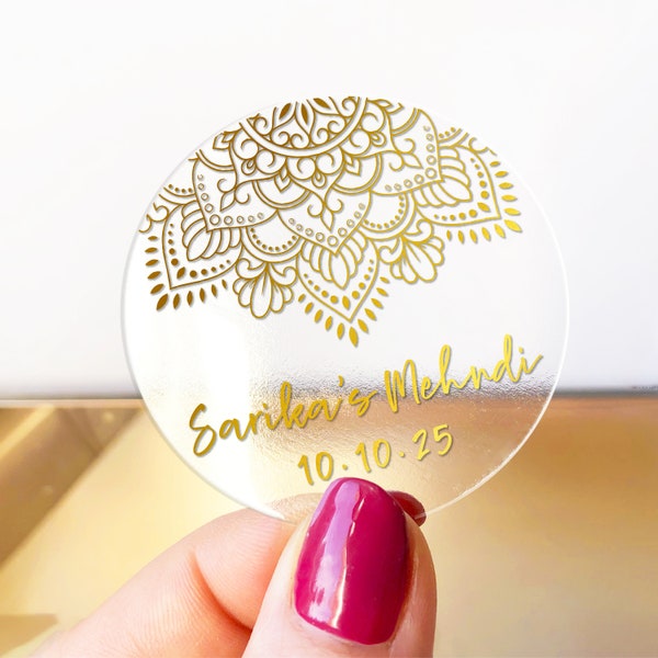 Personalized Mehndi Clear Thank You Celebration Stickers - Customizable Indian-inspired Labels