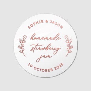 Custom wedding gold foil favor stickers labels for jars, Personalized wedding jam favor sticker, Jam packed with love labels White - Rose Gold Text