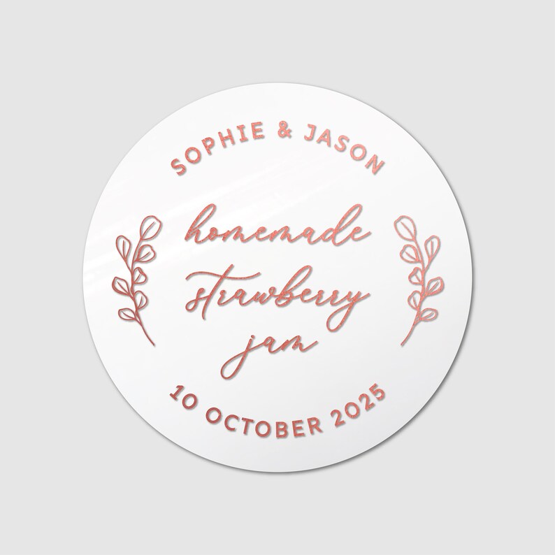 Custom wedding gold foil favor stickers labels for jars, Personalized wedding jam favor sticker, Jam packed with love labels White - Rose Gold Text