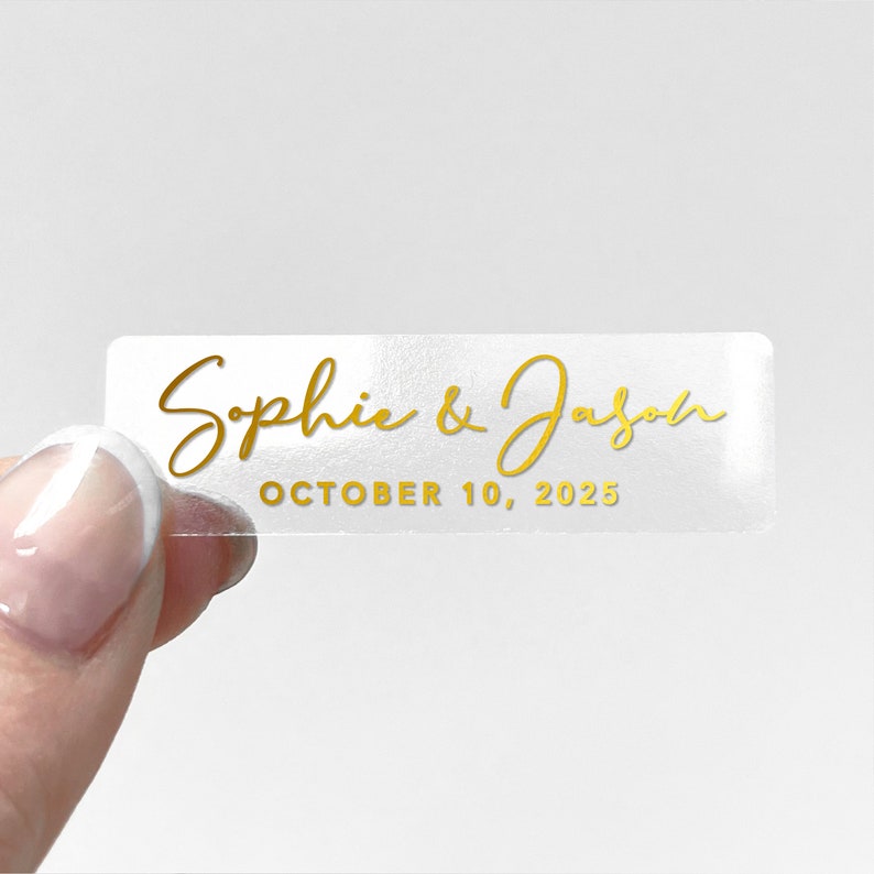 Foil transparent wedding label / Calligraphy wedding labels stickers / Small clear stickers labels / Customized stickers for wedding Clear - Gold Text