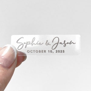 Folie transparant trouwlabel / Kalligrafie trouwlabels stickers / Kleine duidelijke stickers labels / Aangepaste stickers voor bruiloft Clear - Silver Text