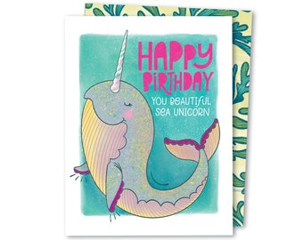 Magical Narwhal Birthday | Sea Unicorn Birthday Card | Whimsical Narwhal Cute Birthday Card | Kids Birthday Card | Cute Narwhal Birthday