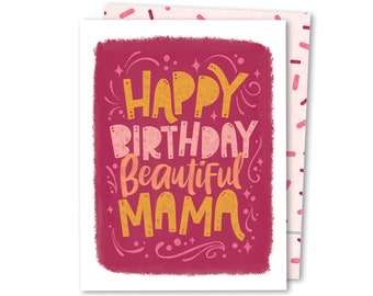 Happy Birthday Beautiful Mama | Mom Birthday | Beautiful Birthday Card | Bright BDay Card | Magenta Red Pink Card | Fun Whimsical Birthday