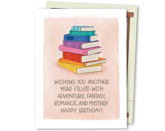 Another Year of Books | Cute Book Lover Birthday Card | Bookworm Greeting Card | Bookish Birthday Card | Fantasy Mystery Romance Book Nerd
