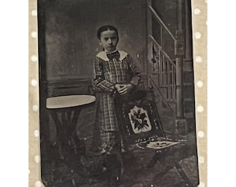 Antique 1/6th Plate Tintype Circa 1870s Serious Young Girl in Plaid Unmarked