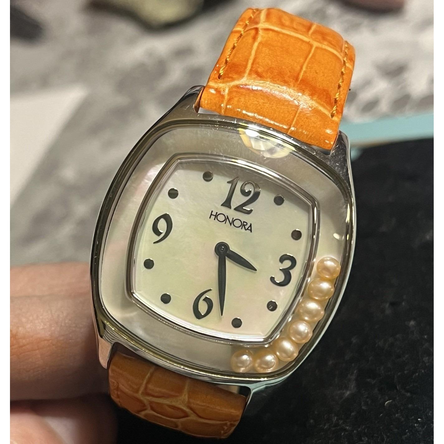 Women’s Honora pearlescent watch with Orange genuine leather strap. 304OR-FV_4c8d93f5-e733-4b36-  main image 3