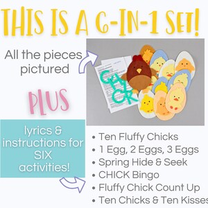 chick and hen felt board with text listing the included song titles.