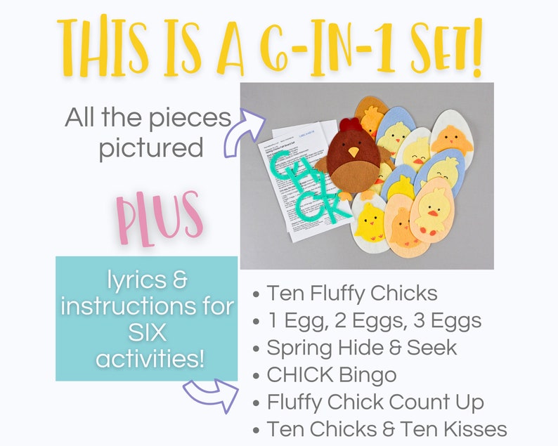 chick and hen felt board with text listing the included song titles.