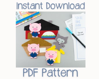 PDF Pattern for Three Little Pigs Felt Board & Flannel Board Circle Time Game, 3 Pigs Big Bad Wolf Felt Board Pattern | Preschool Storytime