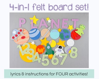4-in-1 Outer Space Flannel Board Story Set for Preschool Library Storytime, Preschool Space Circle Time Felt Board Game & Rhyme, BINGO song