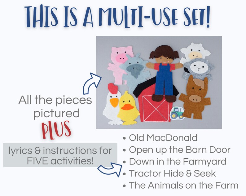 May include: Felt farm animal puppets, including a pig, cow, sheep, horse, chicken, duck, and a farmer. The set also includes a red barn, a tractor, and lyrics and instructions for five activities.  "This is a multi-use set!" is written at the top of the image.