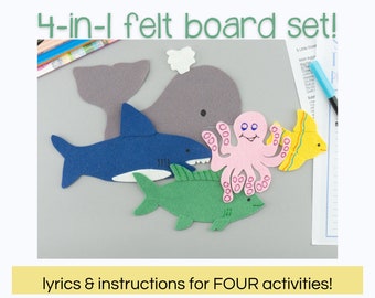 Ocean Creatures 4-in-1 Felt Board Song Librarians Storytime, Slippery Fish Felt Board Song Set + Preschool Teacher Early Learning Resource