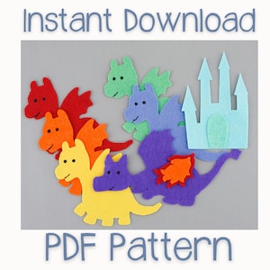 May include: PDF pattern for felt craft project featuring a rainbow of dragons and a blue castle. Instant download.