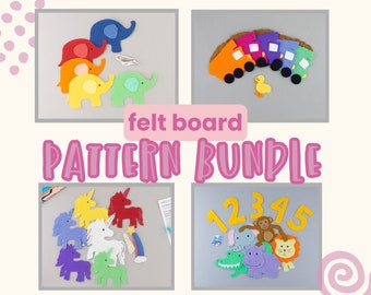 PDF Pattern Bundle of 4 Felt Board Circle Time Patterns | Five Elephants, Five Unicorns, Five Jungle Animals and Five Trucks for Story Time