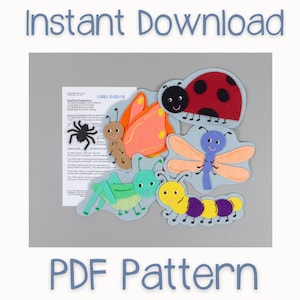 May include: PDF pattern for felt bug craft. The pattern includes a ladybug, butterfly, dragonfly, grasshopper, and caterpillar. The pattern is printed on white paper with instructions for making the bugs.