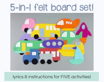 5-in-1 Vehicle Felt Board Set | Super Big Transportation Flannel Board Sorting Game, Counting Song & More, Homeschool + Circle Time Felt Set