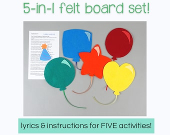 Historia de tablero de fieltro con globos de colores: Hora del círculo preescolar, 5 rimas