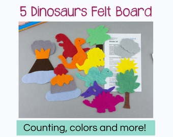 Five Little Dinosaurs Felt Board, Flannel Board Song Set for Preschool Teacher, Toddler Teacher and Librarian, Virtual Circle Time Resource