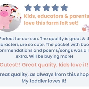 May include: Five star review for a farm-themed felt playset. The review highlights the quality of the set, the cuteness of the characters, and the inclusion of book recommendations and poems/songs. The reviewer states they will be buying more. The review also includes the text "Cutest!! Great quality, kids love it!" and "Great quality, as always from this shop! My toddler loves it!"