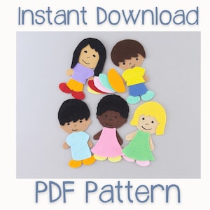 May include: PDF pattern for felt dolls of children with different skin tones. The dolls are wearing colorful clothing and have smiling faces. The pattern includes a variety of colors and designs.