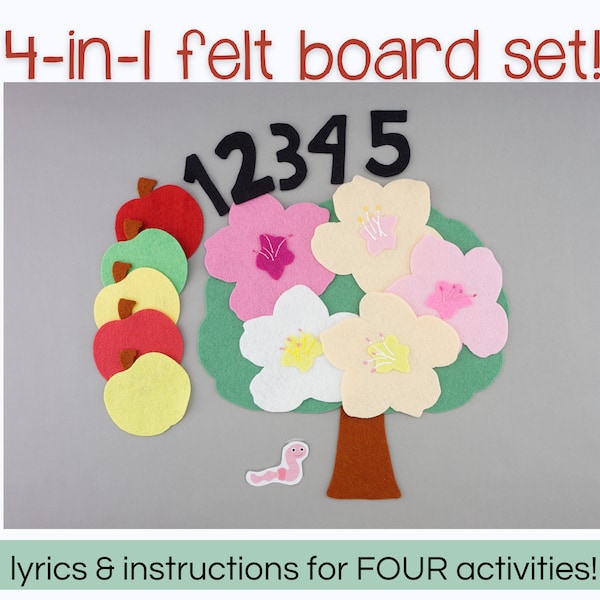 4-in-1 Apple Flannel Board Song & Rhyme Set for Preschool, Kindergarten + Homeschool Early Learning Fun | Felt Board Story Apple Song Kids