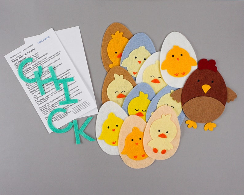 Chicken flannel board pieces with letters CHICK and lyric cards.