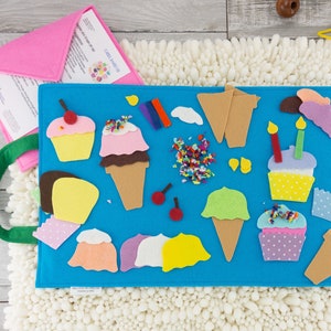 Felt Board Story Ice Cream + Cupcake Set Birthday Gift for Girl or Boy, Felt Play Mat Quiet Activity Toy & Travel Toy for Kids 3 4 5 years