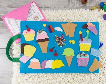 Felt Board Story Ice Cream + Cupcake Set Birthday Gift for Girl or Boy, Felt Play Mat Quiet Activity Toy & Travel Toy for Kids 3 4 5 years